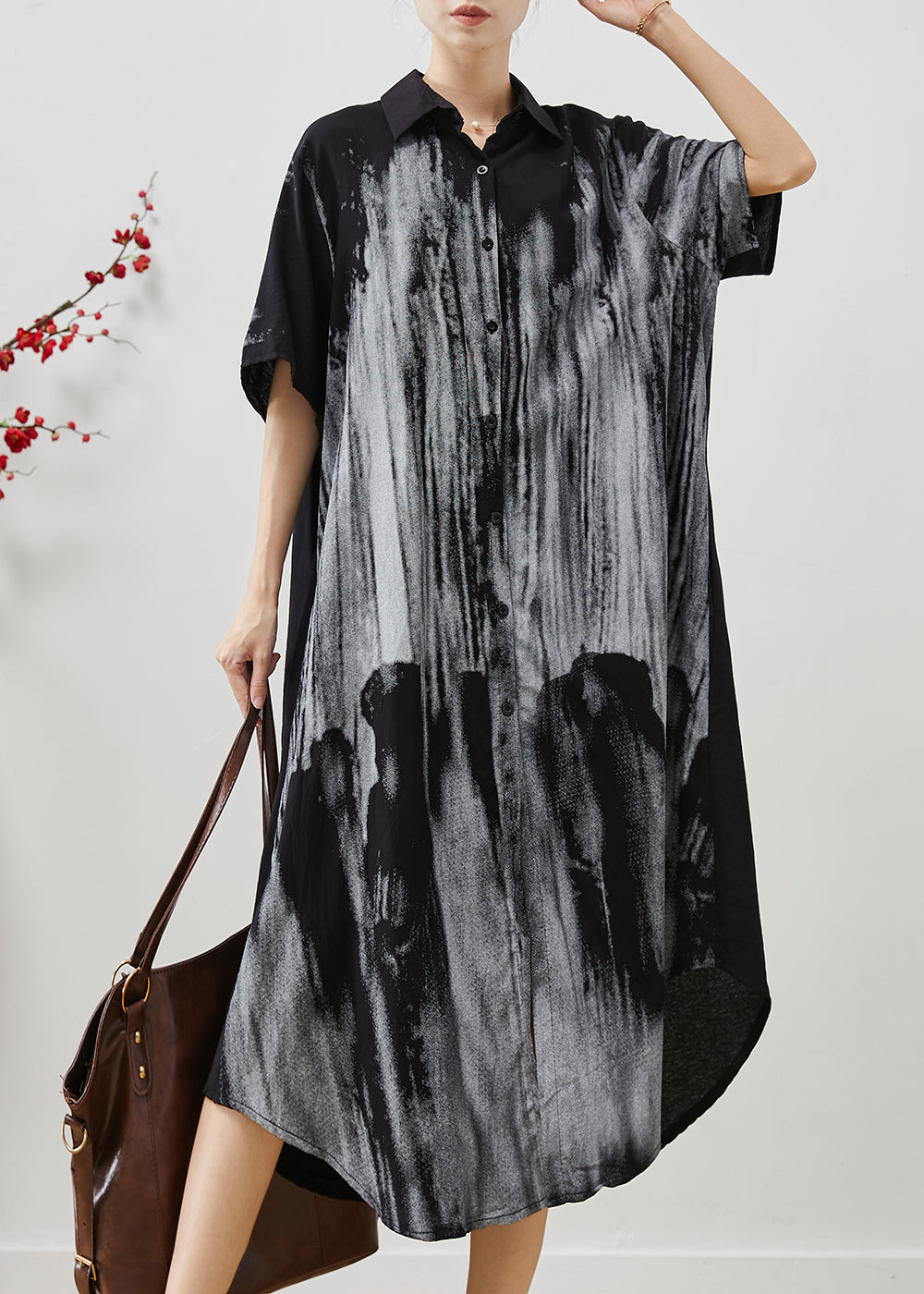 Black Oversized Print Cotton Shirt Dresses Summer