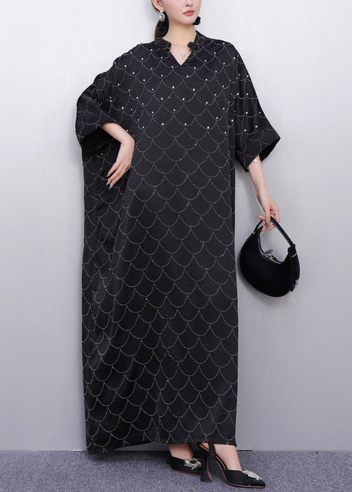 Black Oversized Rhinestone Silk Maxi Dresses Summer