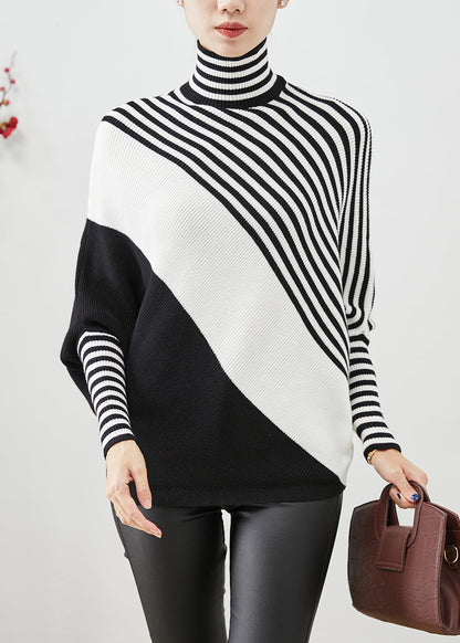Black Oversized Striped Knit Sweater Batwing Sleeve