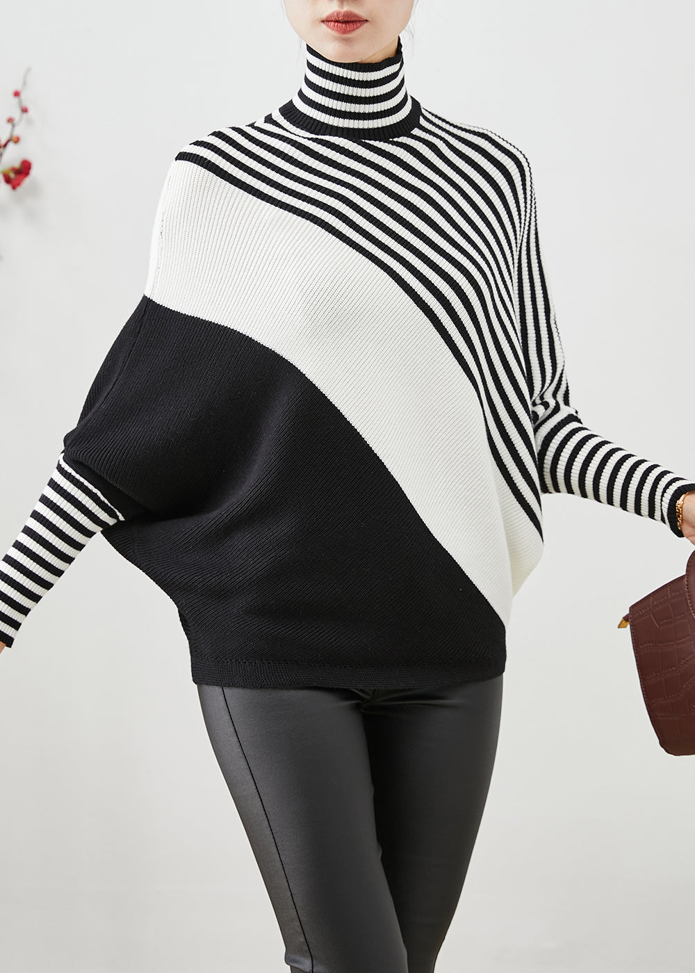 Black Oversized Striped Knit Sweater Batwing Sleeve
