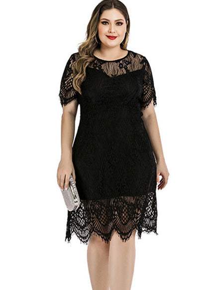 Black Party Lace Mid Dress Short Sleeve