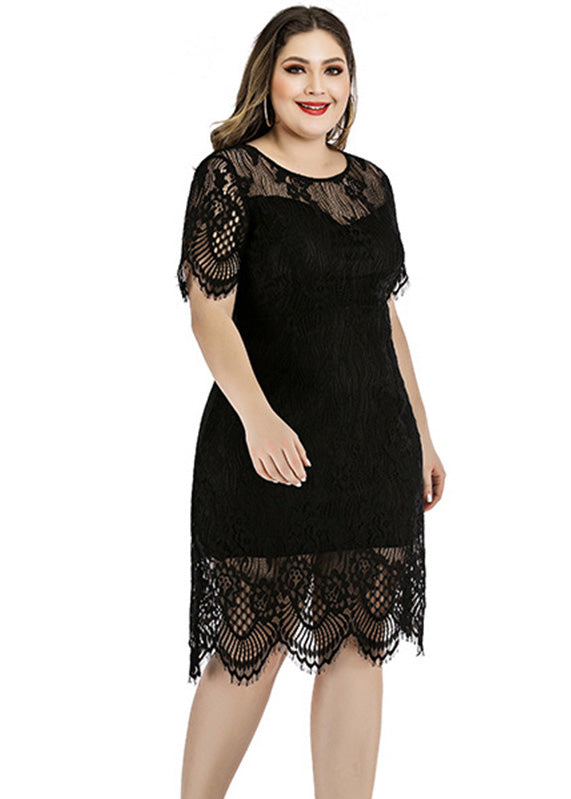 Black Party Lace Mid Dress Short Sleeve