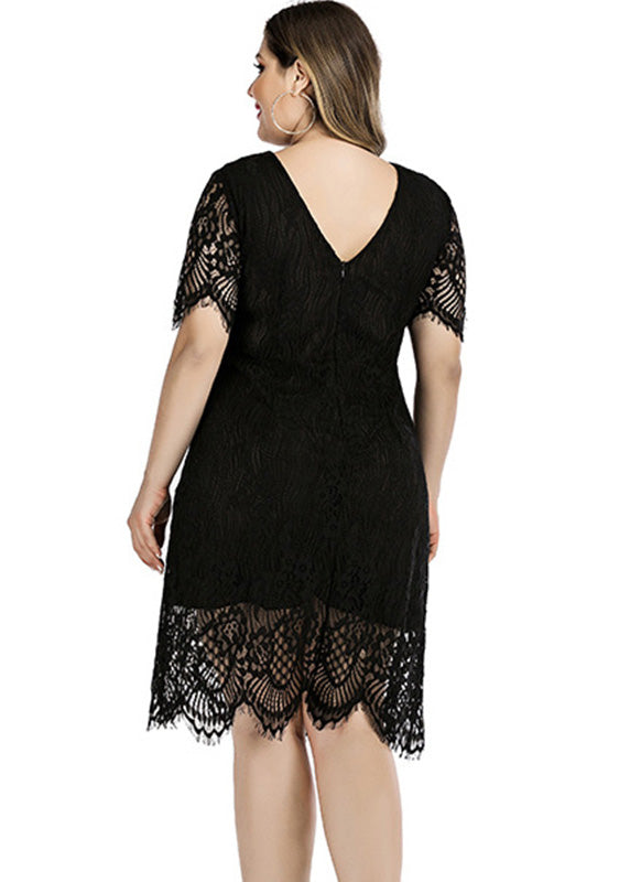 Black Party Lace Mid Dress Short Sleeve