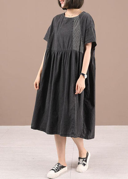 Black Patchwork Cinched Denim Ankle Dress Summer