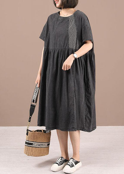 Black Patchwork Cinched Denim Ankle Dress Summer