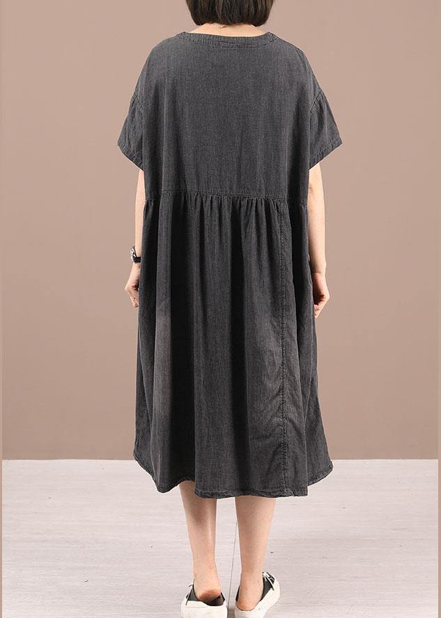 Black Patchwork Cinched Denim Ankle Dress Summer