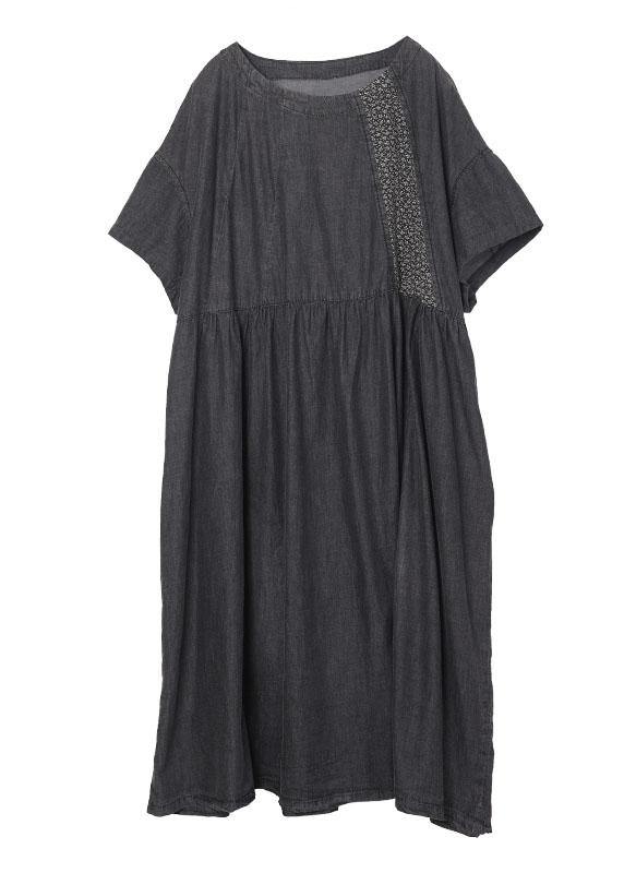 Black Patchwork Cinched Denim Ankle Dress Summer