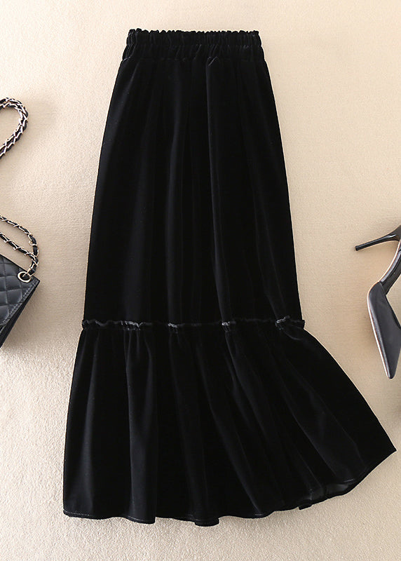 Black Patchwork Silk Velour Skirt Spring