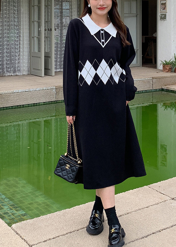 Black Peter Pan Collar Print Knit Robe Dresses Fall