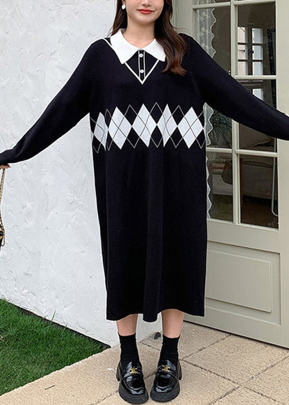 Black Peter Pan Collar Print Knit Robe Dresses Fall