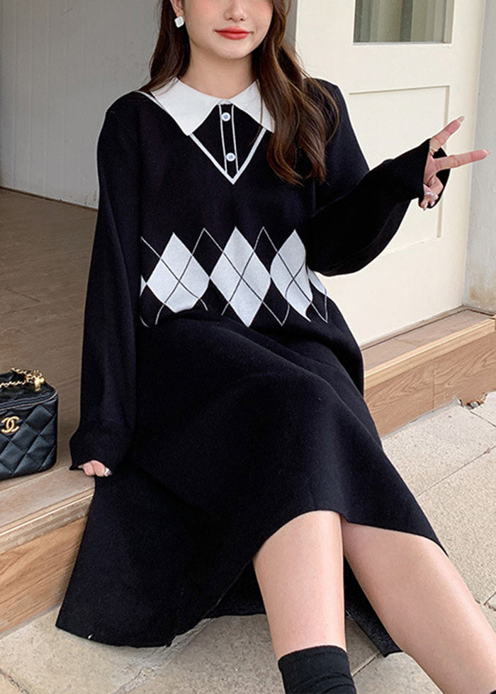 Black Peter Pan Collar Print Knit Robe Dresses Fall