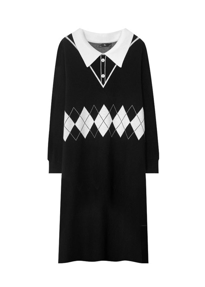 Black Peter Pan Collar Print Knit Robe Dresses Fall