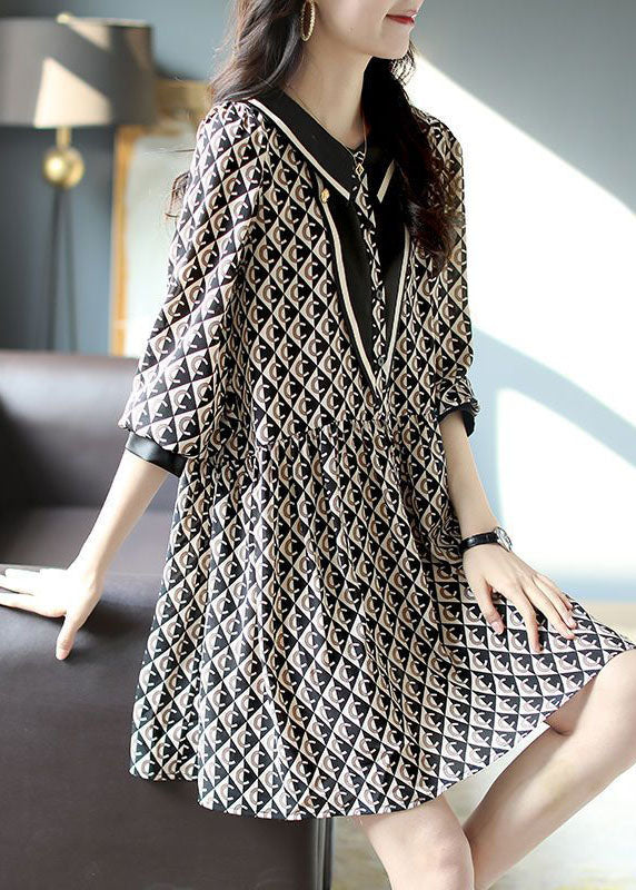 Black Peter Pan Collar Print Patchwork Chiffon Dresses Spring