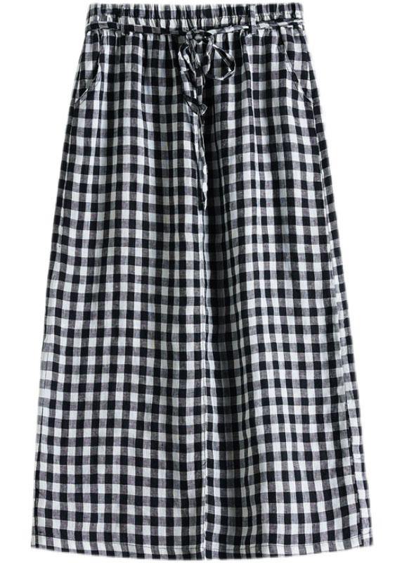 Black Plaid Pockets Fall Tie Waist Skirt