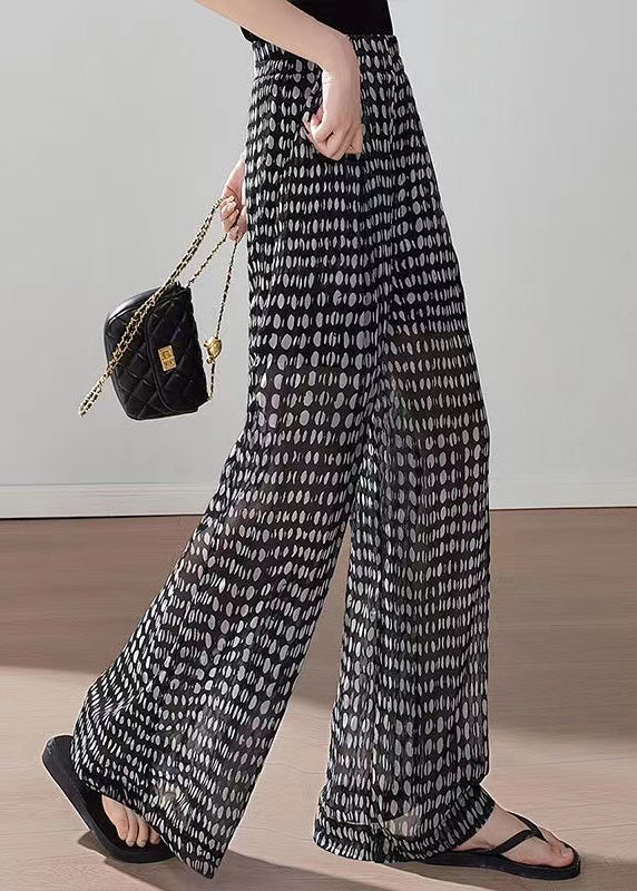 Black Pockets Print Elastic Waist Chiffon Pants Summer
