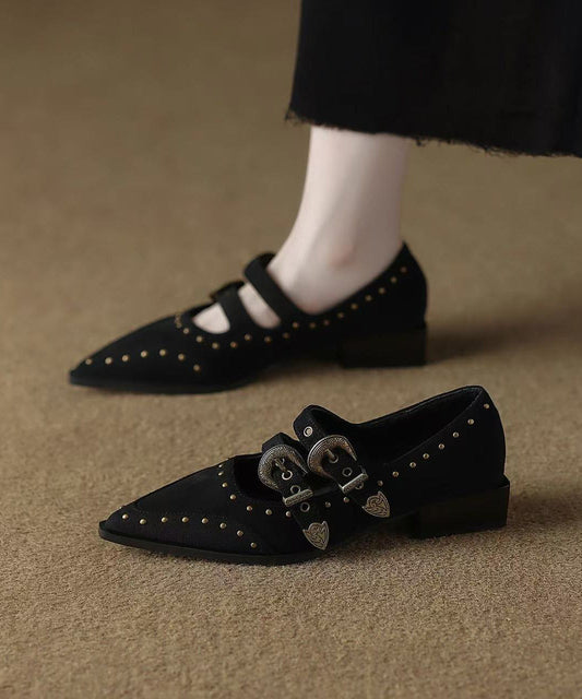 Black Rivet Flat Feet Shoes Buckle Strap Flat Shoes for