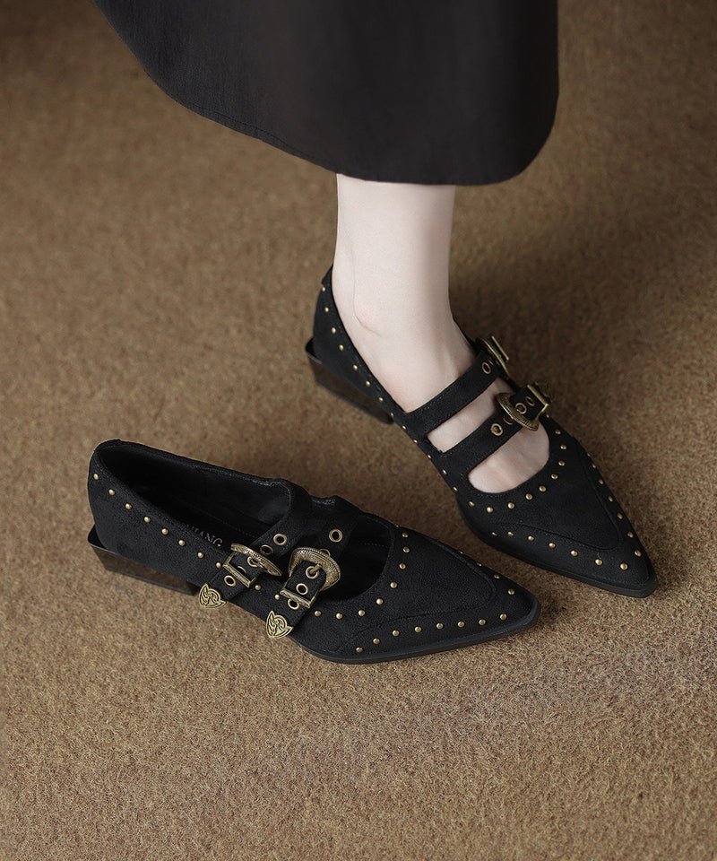 Black Rivet Flat Feet Shoes Buckle Strap Flat Shoes for