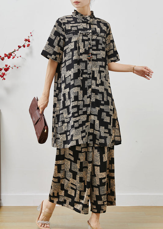 Black Stand Collar Print Chiffon Two Pieces Set Summer