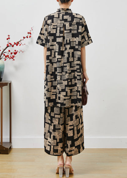 Black Stand Collar Print Chiffon Two Pieces Set Summer