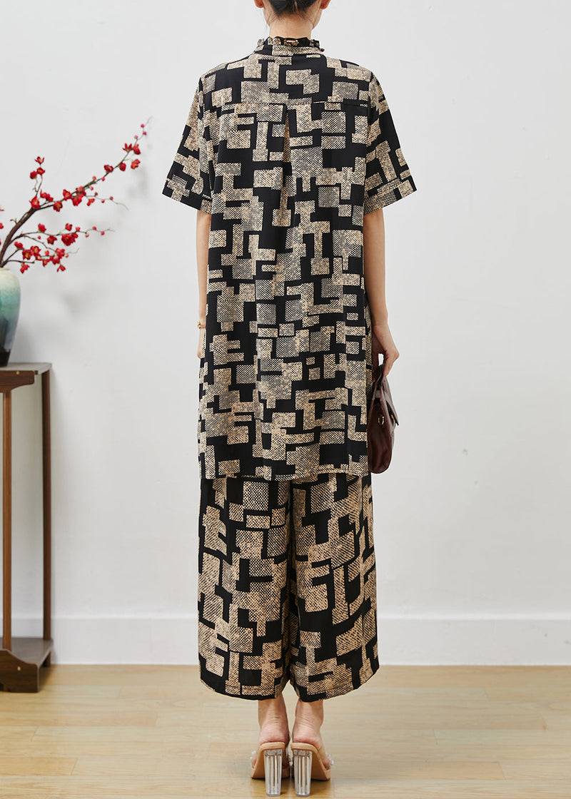 Black Stand Collar Print Chiffon Two Pieces Set Summer