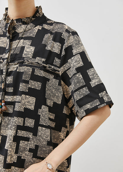 Black Stand Collar Print Chiffon Two Pieces Set Summer