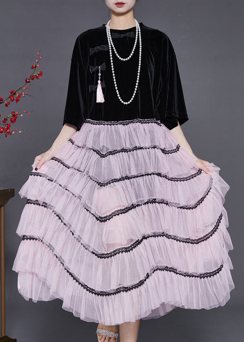 Black Tasseled Patchwork Chinese Button Tulle Dress Summer