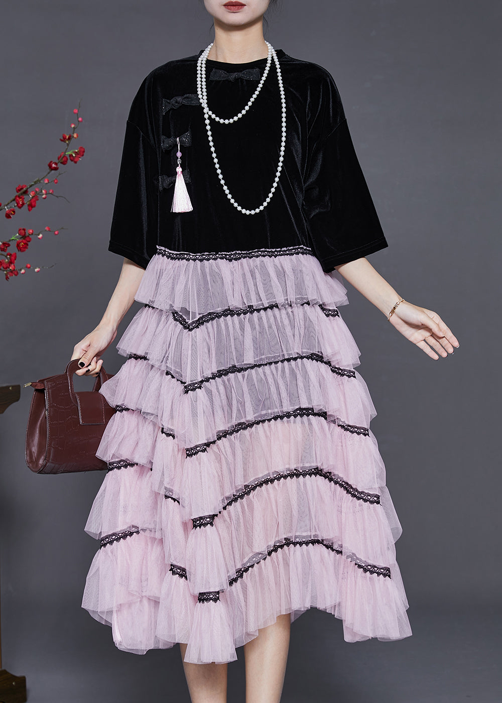 Black Tasseled Patchwork Chinese Button Tulle Dress Summer