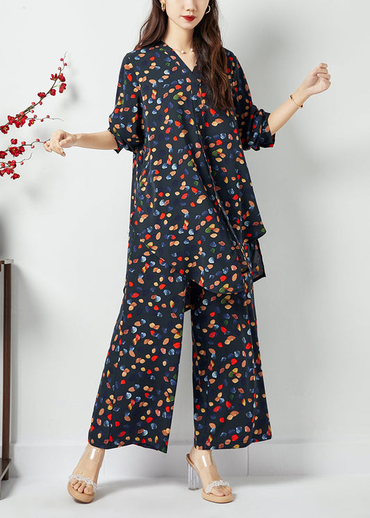 Black V Neck Asymmetrical Design Print Chiffon Two Pieces Set Spring