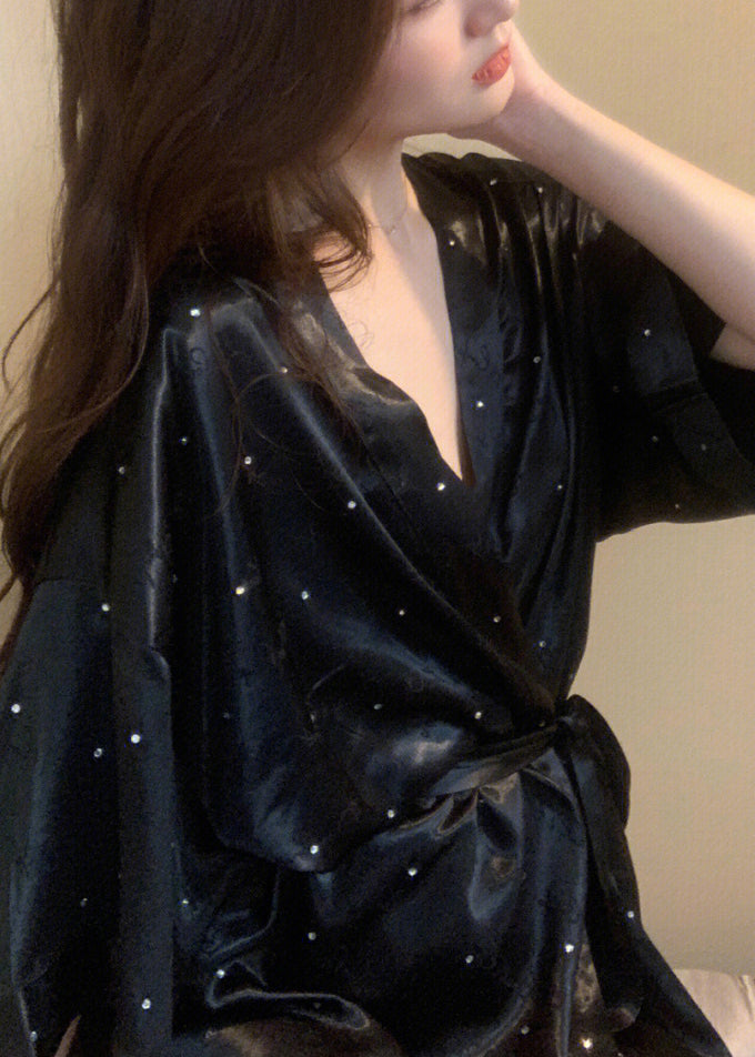 Black V Neck Dot Tie Waist Ice Silk Mid Dress Long Sleeve