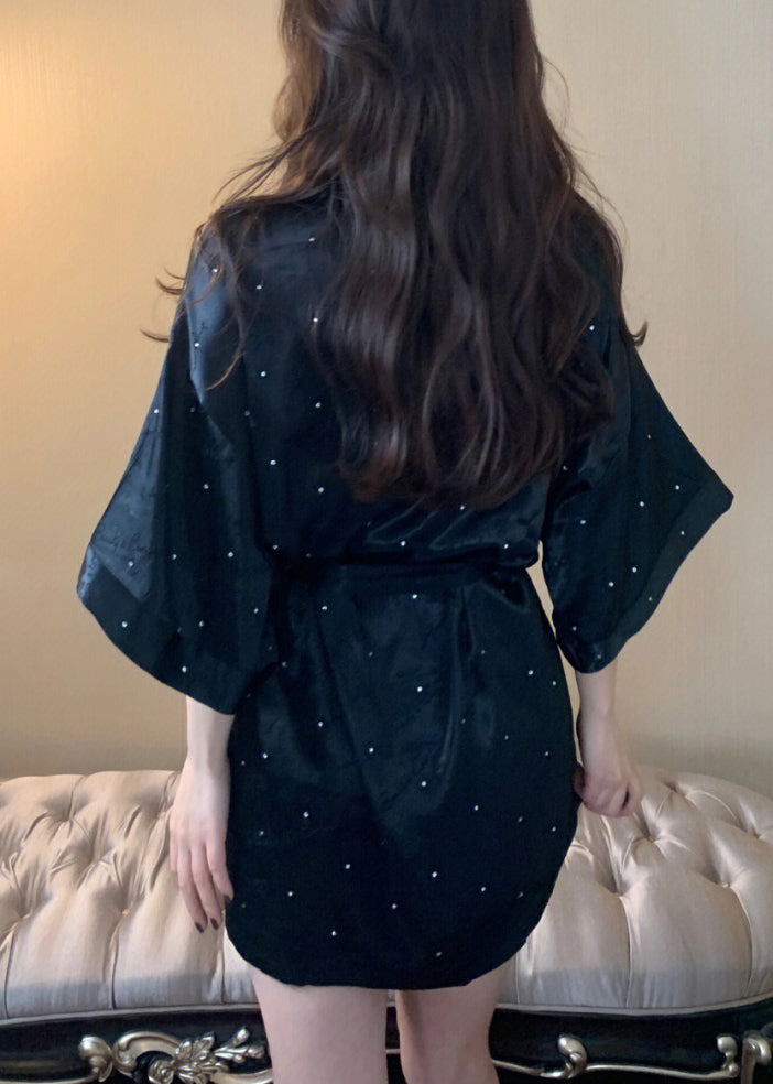 Black V Neck Dot Tie Waist Ice Silk Mid Dress Long Sleeve