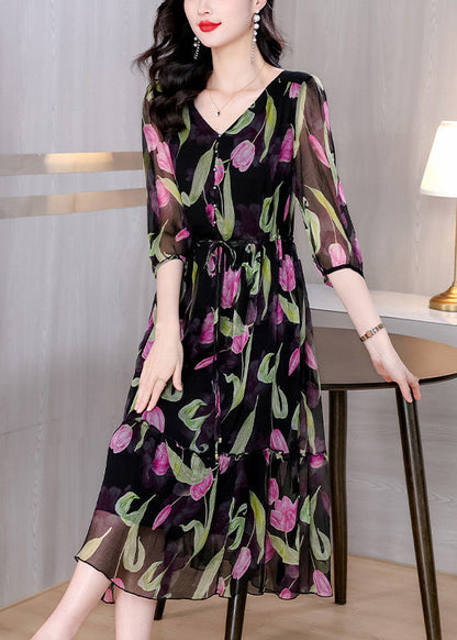 Black V Neck Print Drawstring Chiffon Dress Summer