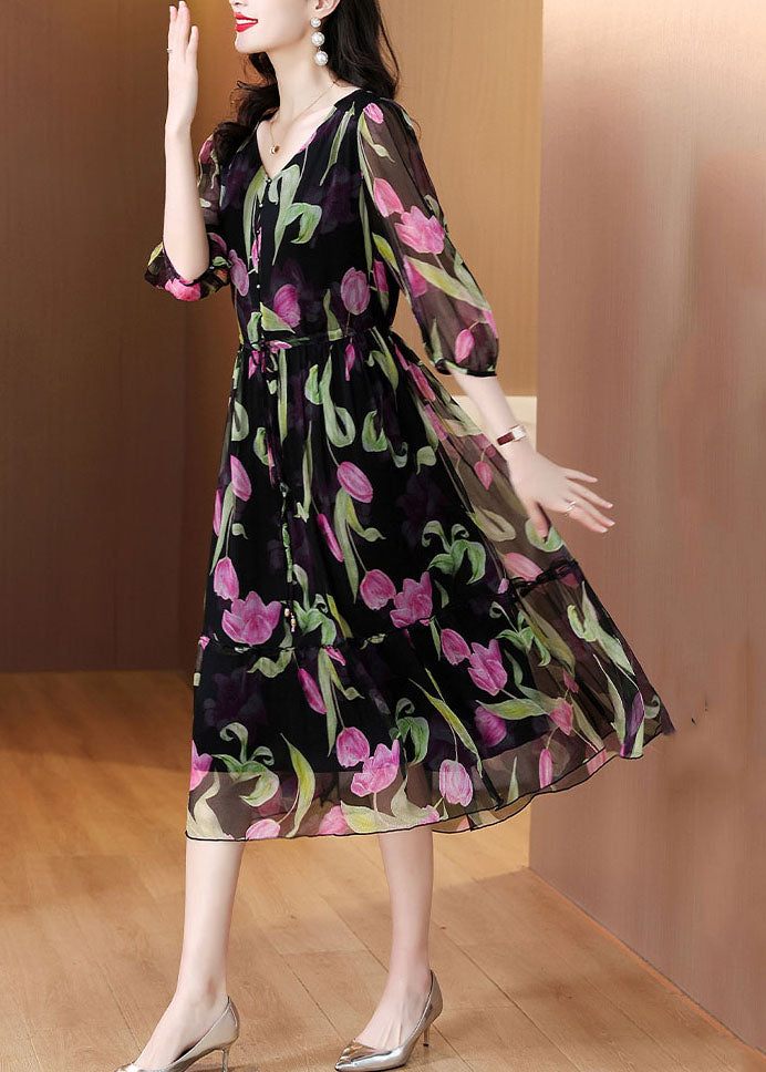 Black V Neck Print Drawstring Chiffon Dress Summer