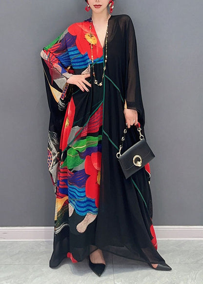 Black V Neck Print Patchwork Chiffon Maxi Dress Summer
