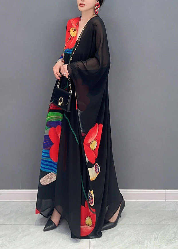 Black V Neck Print Patchwork Chiffon Maxi Dress Summer