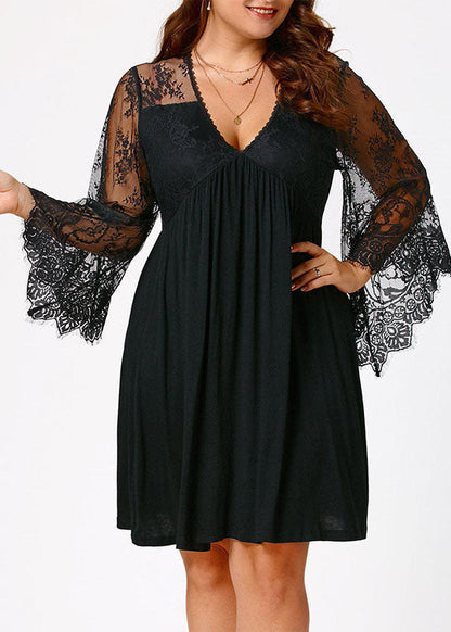 Black V Neck Wrinkled Lace Patchwork Mid Dresses Long Sleeve