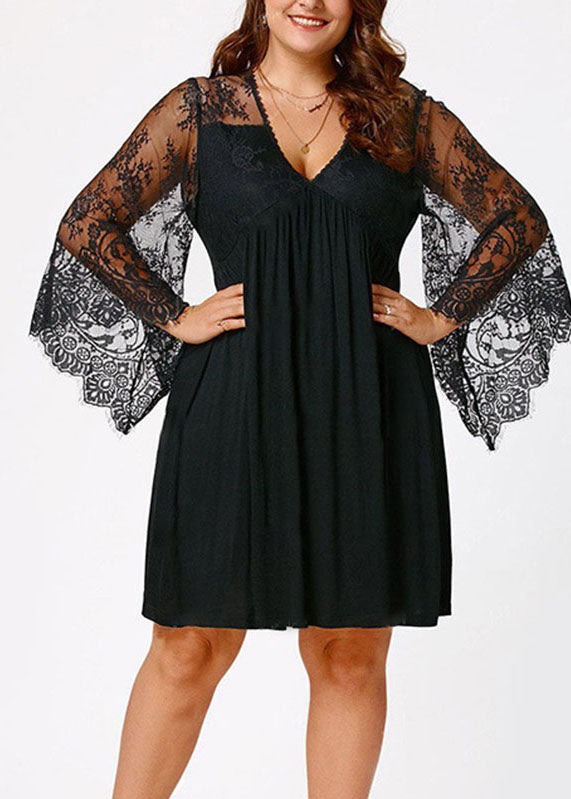 Black V Neck Wrinkled Lace Patchwork Mid Dresses Long Sleeve