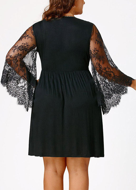 Black V Neck Wrinkled Lace Patchwork Mid Dresses Long Sleeve