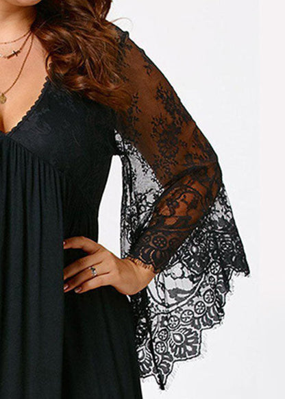 Black V Neck Wrinkled Lace Patchwork Mid Dresses Long Sleeve