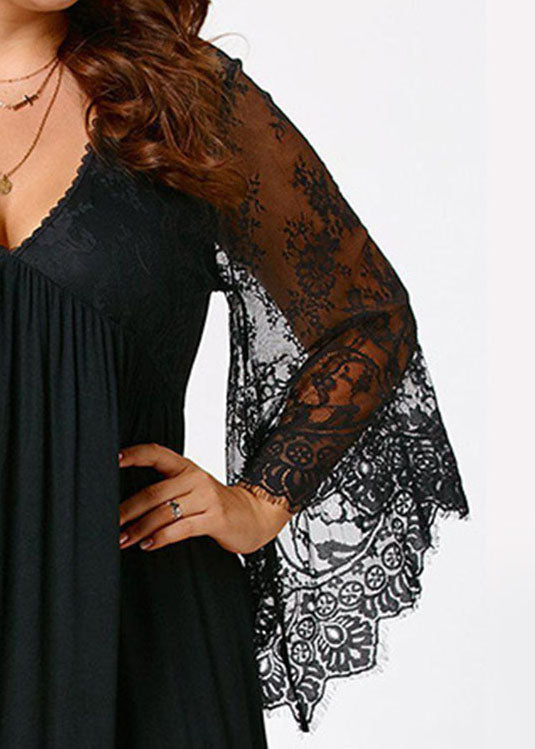Black V Neck Wrinkled Lace Patchwork Mid Dresses Long Sleeve