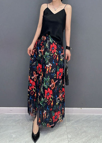 Black Wrinkled Tasseled Print Cotton Skirts Spring