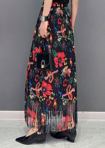 Black Wrinkled Tasseled Print Cotton Skirts Spring