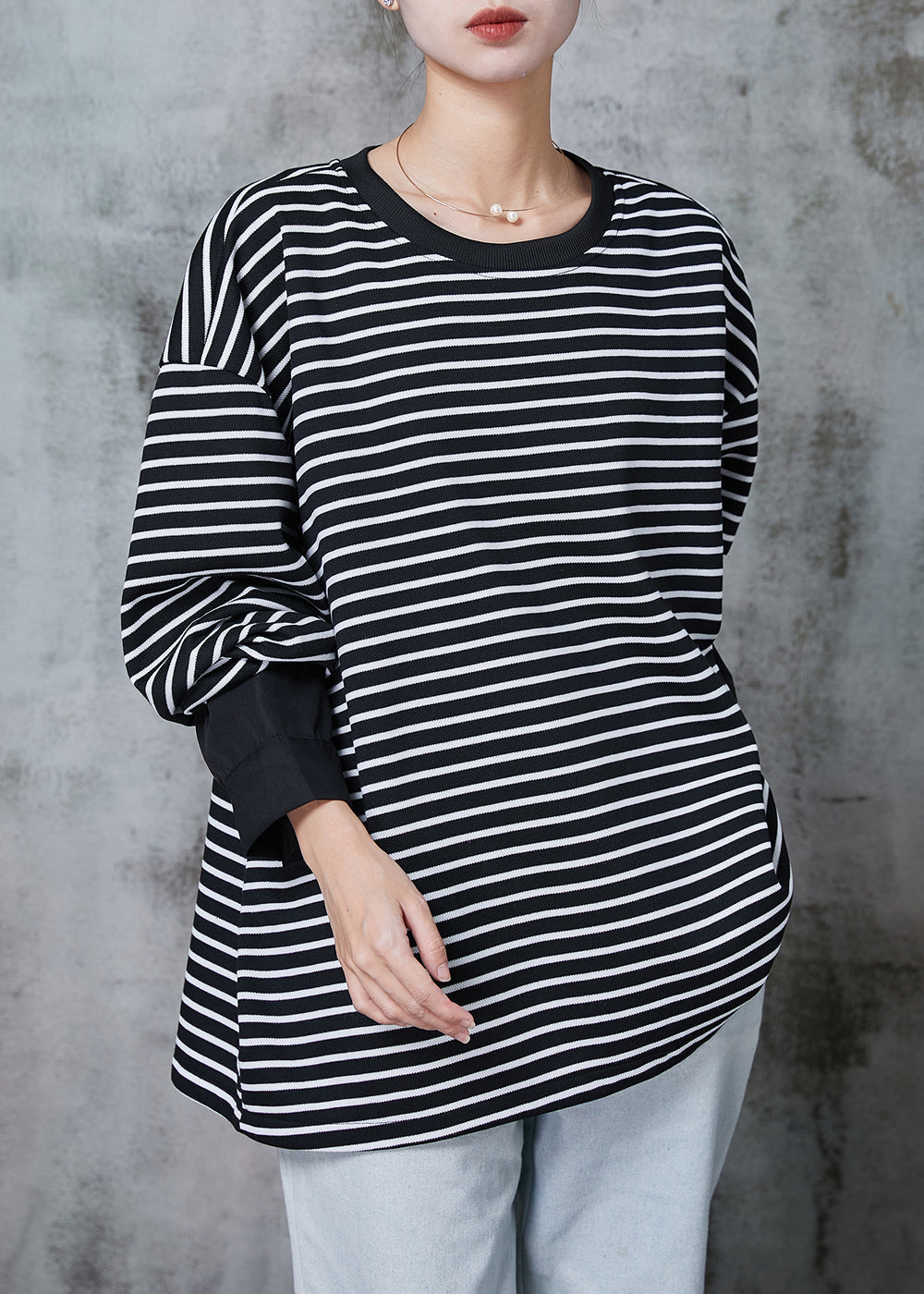 Black Zip Up Striped Cotton Pullover Spring