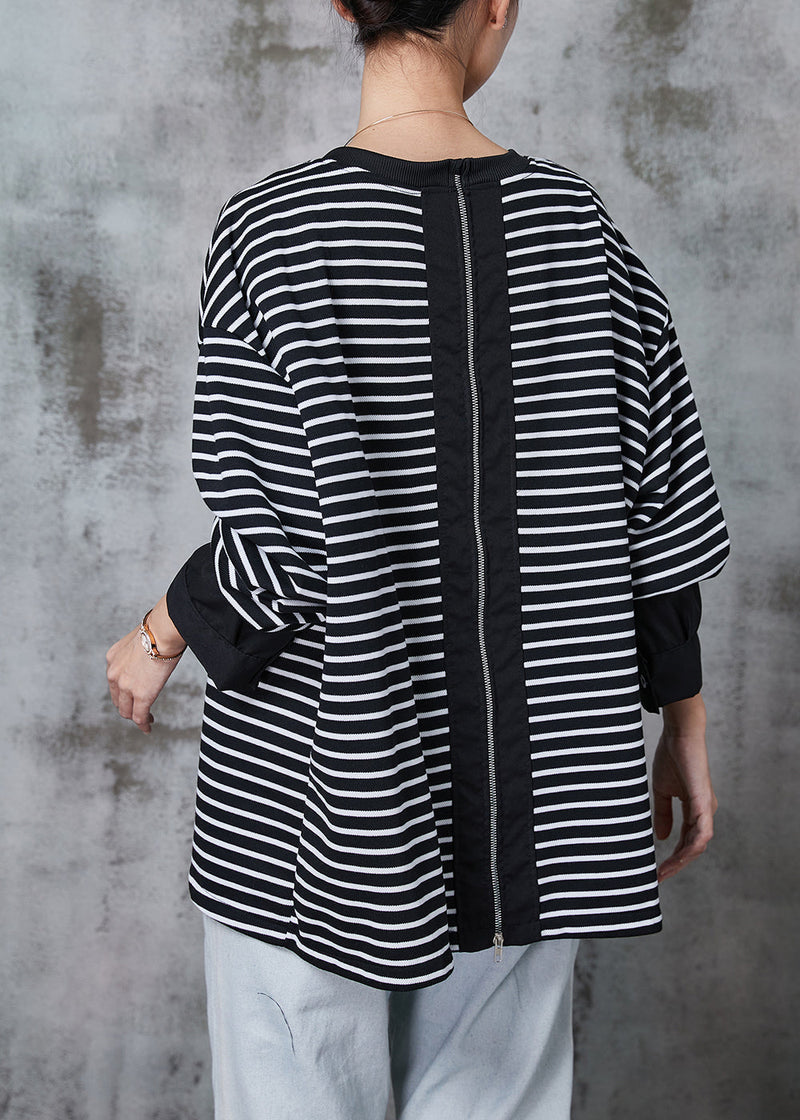 Black Zip Up Striped Cotton Pullover Spring