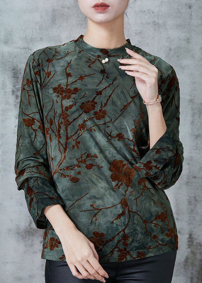 Blackish Green Jacquard Silk Velour Shirts Spring