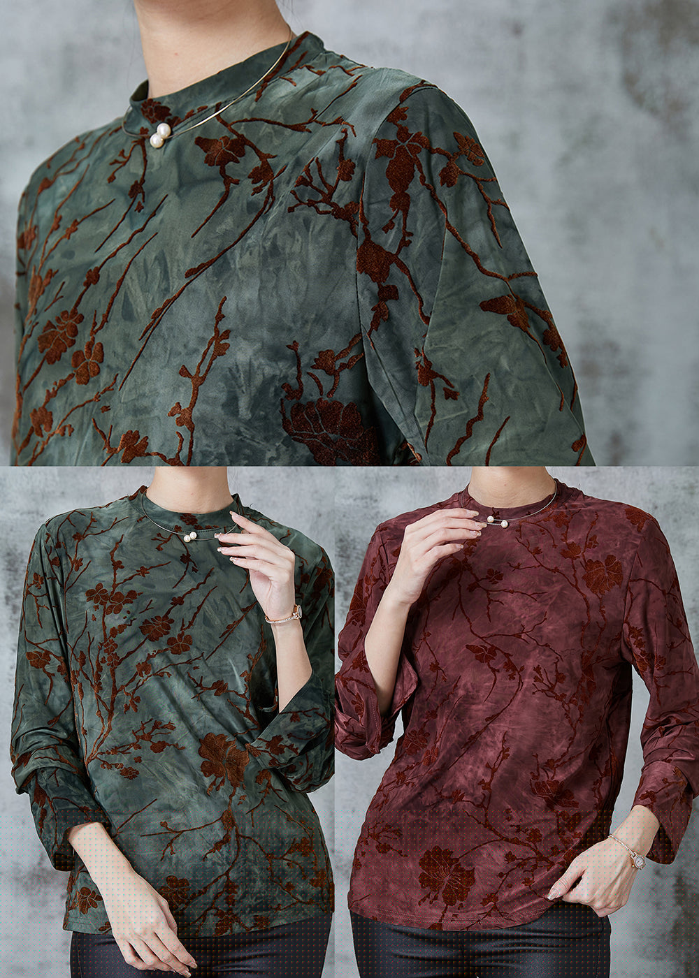 Blackish Green Jacquard Silk Velour Shirts Spring
