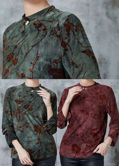Blackish Green Jacquard Silk Velour Shirts Spring