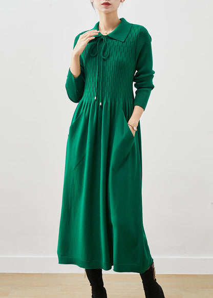 Blackish Green Lace Up Pockets Knit a Line Dresses Spring