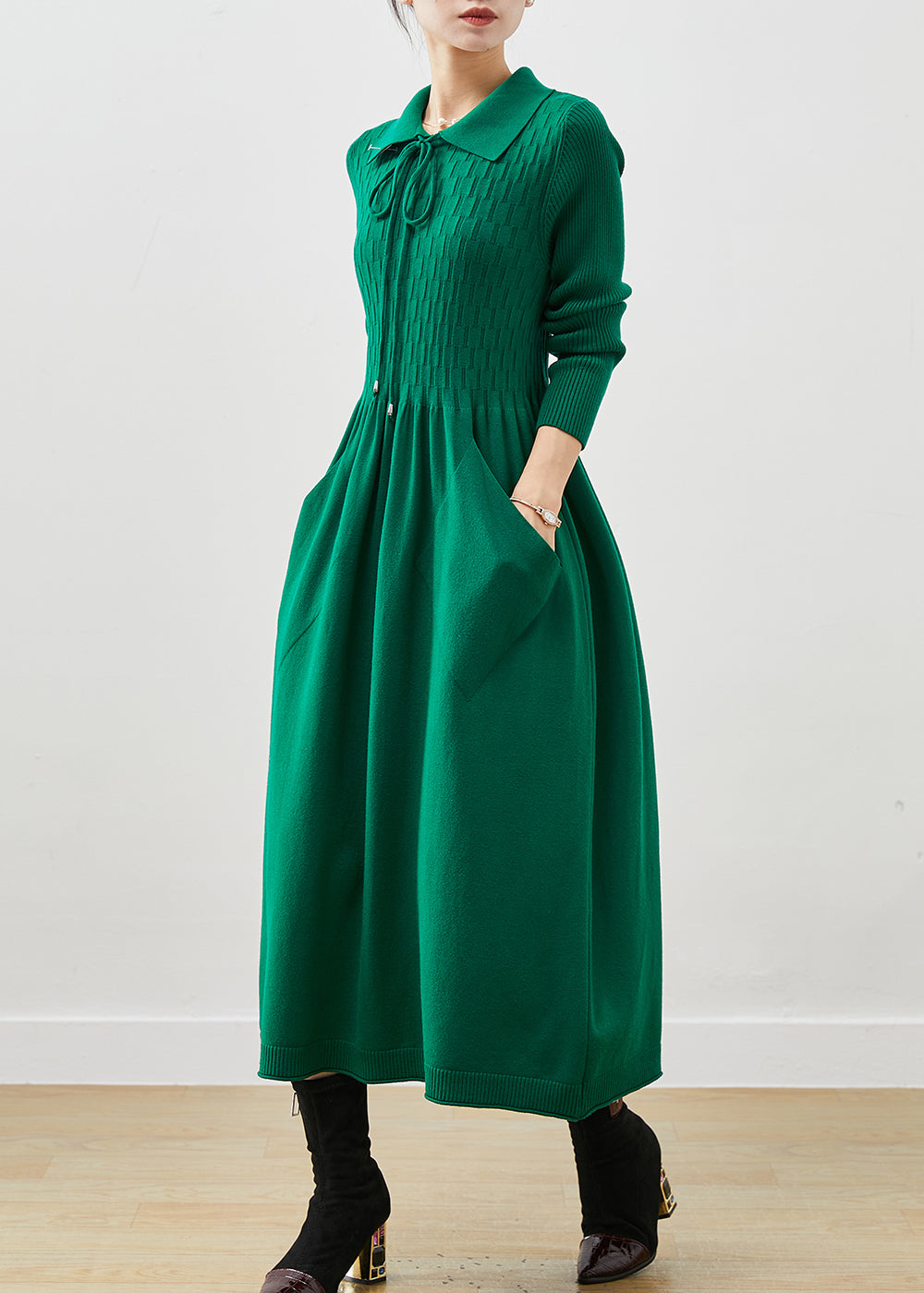 Blackish Green Lace Up Pockets Knit a Line Dresses Spring