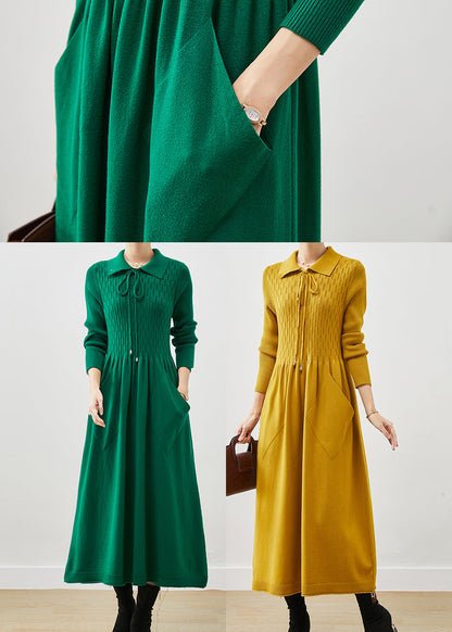 Blackish Green Lace Up Pockets Knit a Line Dresses Spring