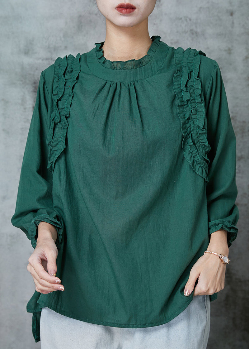 Blackish Green Ruffled Cotton Shirts Spring
